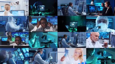 Teknoloji, uzay keşfi ve tıbbi konsept. Bilimadamları, astronotlar, laboratuvar ekipmanları ve biyomedikal yenilikler ve klinik çalışmalarda mikroskoplar. Eğitici içerik için ideal. Kolaj.