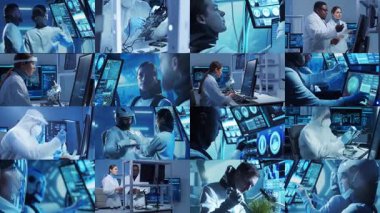 Teknoloji, uzay keşfi ve tıbbi konsept. Bilimadamları, astronotlar, laboratuvar ekipmanları ve biyomedikal yenilikler ve klinik çalışmalarda mikroskoplar. Eğitici içerik için ideal. Kolaj.