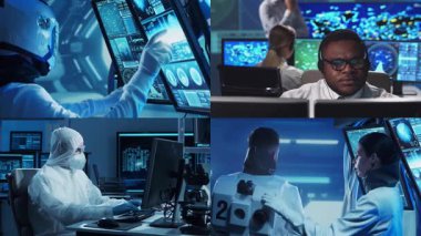 Teknoloji, uzay keşfi ve tıbbi konsept. Bilimadamları, astronotlar, laboratuvar ekipmanları ve biyomedikal yenilikler ve klinik çalışmalarda mikroskoplar. Eğitici içerik için ideal. Kolaj.