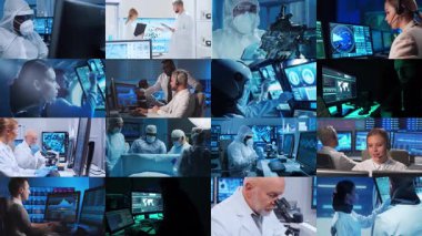 Teknoloji, uzay keşfi ve tıbbi konsept. Bilimadamları, astronotlar, laboratuvar ekipmanları ve biyomedikal yenilikler ve klinik çalışmalarda mikroskoplar. Eğitici içerik için ideal. Kolaj.