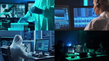 Bilim adamları, laboratuvar ekipmanları ve biyomedikal yenilikler ve klinik çalışmalarda mikroskoplar. Teknoloji ve tıbbi konsept. Eğitici içerik için ideal. Kolaj.