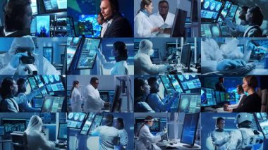 Teknoloji, uzay keşfi ve tıbbi konsept. Bilimadamları, astronotlar, laboratuvar ekipmanları ve biyomedikal yenilikler ve klinik çalışmalarda mikroskoplar. Eğitici içerik için ideal. Kolaj.