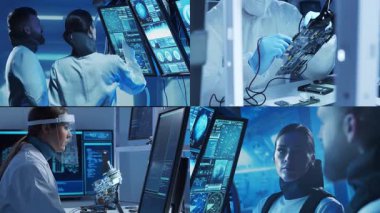 Teknoloji, uzay keşfi ve tıbbi konsept. Bilimadamları, astronotlar, laboratuvar ekipmanları ve biyomedikal yenilikler ve klinik çalışmalarda mikroskoplar. Eğitici içerik için ideal. Kolaj.