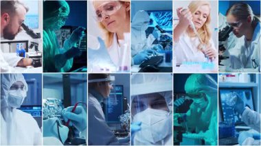 Teknoloji ve tıbbi konsept. Bilim adamları, laboratuvar ekipmanları ve biyomedikal yenilikler ve klinik çalışmalarda mikroskoplar. Eğitici içerik için ideal. Dikey videolardan oluşan kolaj.