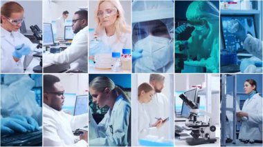 Teknoloji ve tıbbi konsept. Bilim adamları, laboratuvar ekipmanları ve biyomedikal yenilikler ve klinik çalışmalarda mikroskoplar. Eğitici içerik için ideal. Dikey videolardan oluşan kolaj.