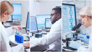 Teknoloji ve tıbbi konsept. Bilim adamları, laboratuvar ekipmanları ve biyomedikal yenilikler ve klinik çalışmalarda mikroskoplar. Eğitici içerik için ideal. Dikey videolardan oluşan kolaj.