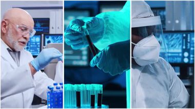 Teknoloji ve tıbbi konsept. Bilim adamları, laboratuvar ekipmanları ve biyomedikal yenilikler ve klinik çalışmalarda mikroskoplar. Eğitici içerik için ideal. Dikey videolardan oluşan kolaj.