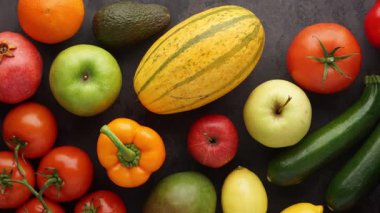 Sağlıklı yiyecekler: taze sebzeler, meyveler ve süper yiyecekler. Temiz yemek ve detoks. Beslenme, diyet, vejetaryen gıda konsepti.