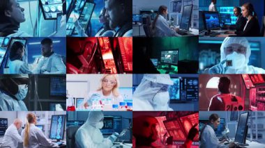Teknoloji, uzay keşfi ve tıbbi konsept. Bilimadamları, astronotlar, laboratuvar ekipmanları ve biyomedikal yenilikler ve klinik çalışmalarda mikroskoplar. Eğitici içerik için ideal. Kolaj.