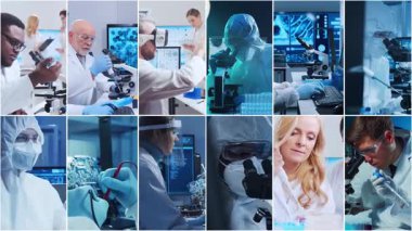 Teknoloji ve tıbbi konsept. Bilim adamları, laboratuvar ekipmanları ve biyomedikal yenilikler ve klinik çalışmalarda mikroskoplar. Eğitici içerik için ideal. Dikey videolardan oluşan kolaj.
