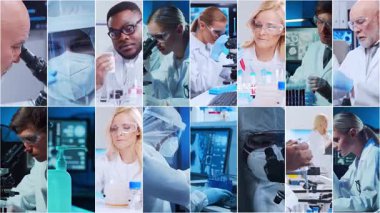 Teknoloji ve tıbbi konsept. Bilim adamları, laboratuvar ekipmanları ve biyomedikal yenilikler ve klinik çalışmalarda mikroskoplar. Eğitici içerik için ideal. Dikey videolardan oluşan kolaj.