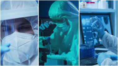 Teknoloji ve tıbbi konsept. Bilim adamları, laboratuvar ekipmanları ve biyomedikal yenilikler ve klinik çalışmalarda mikroskoplar. Eğitici içerik için ideal. Dikey videolardan oluşan kolaj.