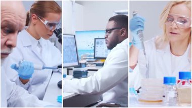 Teknoloji ve tıbbi konsept. Bilim adamları, laboratuvar ekipmanları ve biyomedikal yenilikler ve klinik çalışmalarda mikroskoplar. Eğitici içerik için ideal. Dikey videolardan oluşan kolaj.