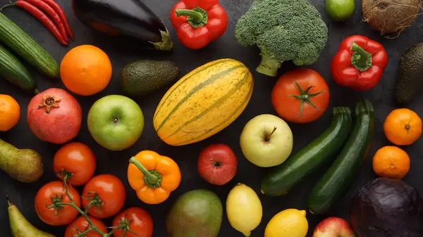 Sağlıklı yiyecekler: taze sebzeler, meyveler ve süper yiyecekler. Temiz yemek ve detoks. Beslenme, diyet, vejetaryen gıda konsepti.