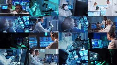 Teknoloji, uzay keşfi ve tıbbi konsept. Bilimadamları, astronotlar, laboratuvar ekipmanları ve biyomedikal yenilikler ve klinik çalışmalarda mikroskoplar. Eğitici içerik için ideal. Kolaj.