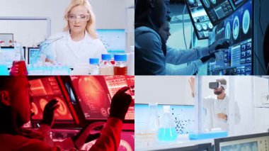 Teknoloji, uzay keşfi ve tıbbi konsept. Bilimadamları, astronotlar, laboratuvar ekipmanları ve biyomedikal yenilikler ve klinik çalışmalarda mikroskoplar. Eğitici içerik için ideal. Kolaj.