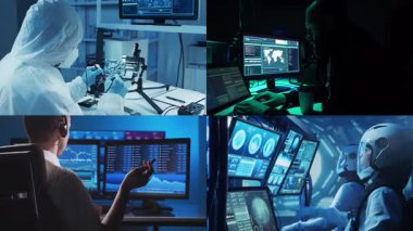 Teknoloji, uzay keşfi ve tıbbi konsept. Bilimadamları, astronotlar, laboratuvar ekipmanları ve biyomedikal yenilikler ve klinik çalışmalarda mikroskoplar. Eğitici içerik için ideal. Kolaj.