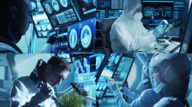 Teknoloji, uzay keşfi ve tıbbi konsept. Bilimadamları, astronotlar, laboratuvar ekipmanları ve biyomedikal yenilikler ve klinik çalışmalarda mikroskoplar. Eğitici içerik için ideal. Kolaj.