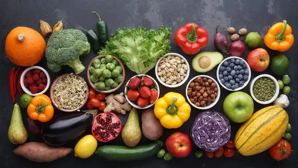 Sağlıklı yiyecekler: taze sebzeler, meyveler ve süper yiyecekler. Temiz yemek ve detoks. Beslenme, diyet, vejetaryen gıda konsepti.