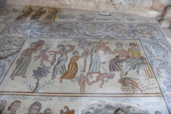 Stor Mosaik Golvet Hippolytus Hall Arkeologiska Museet Madaba Jordanien Royaltyfria Stockbilder