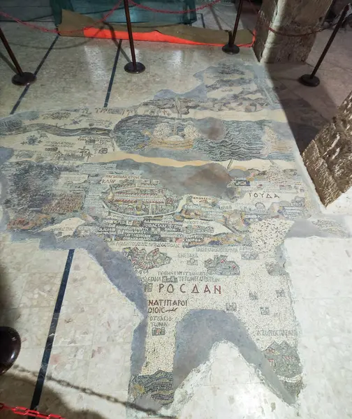 Najstarsza Mozaikowa Mapa Podłogi Ziemi Świętej Kościele Jerzego Madabie Nad Zdjęcie Stockowe
