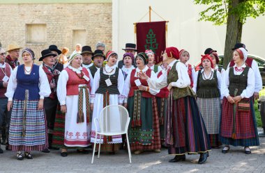 Vilnius, Litvanya - 26 Mayıs 2024: Litvanya 'da Vilnius' ta halk kıyafetleri içinde şarkı söyleyen insanlar