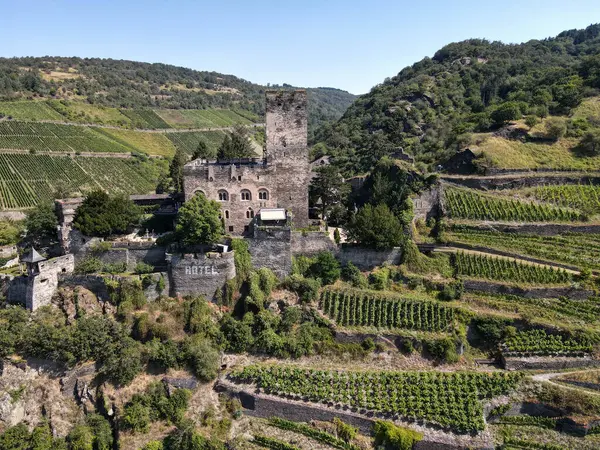 stock image Kaub, Germany - 20 July 2024: drone view at Gutenfels fort at Kaub in Germany