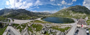 Drone view at pass st. Gotthard on the Swiss alps clipart