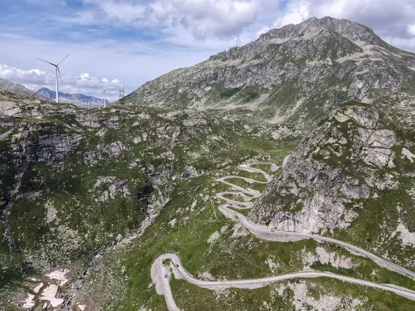 stock image Drone view at pass st. Gotthard and old Tremola road on the Swiss alps