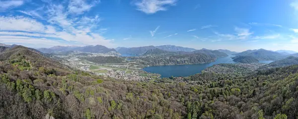 stock image Drone view at lake Lugano from Malcantone valley in the swiss alps