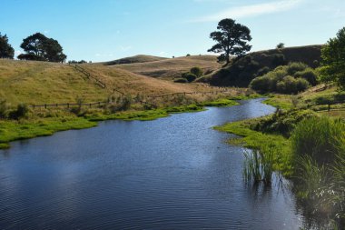 Yeni Zelanda 'daki Hobbiton filminde gölün manzarası.