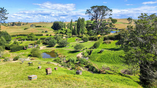 Landscape on the Hobbiton movie set on New Zealand