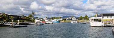 Whitianga, Yeni Zelanda - 17 Ocak 2025: Yeni Zelanda Whitianga Kanalı üzerindeki villalar
