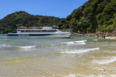 Awaroa, Yeni Zelanda - 28 Ocak 2025: Yeni Zelanda 'daki Abel Tasman Ulusal Parkı' ndaki Awaroa plajına gelen turist gemisi