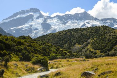 Yeni Zelanda 'daki Hooker Valley pistinden Cook Dağı' na bakın.