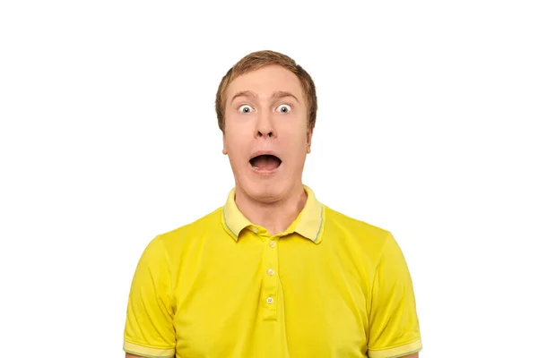 Surprised Young Man Funny Facial Expression Yellow Shirt White Isolated — Foto Stock