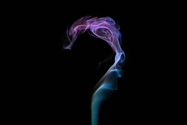 Multicolored smoke question mark shape on black background, mysterious swirled smoke clouds for aromatherapy and relaxation. Pink and turquoise gradient colors of dense smoke, multi colour smoke curls