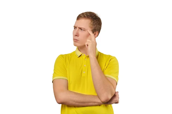 Thoughtful Guy Yellow Shirt Looking Left Isolated White Background Pensive — Foto Stock