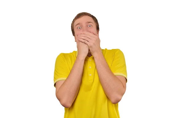 Funny Guy Loudly Laughing Out Loud Covering Mouth Hands Isolated — Foto Stock