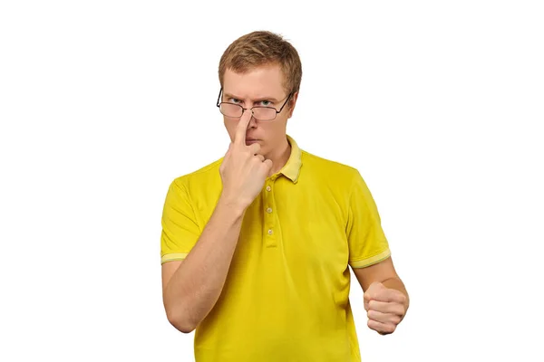 Unhappy Geek Glasses Yellow Shirt Ready Fight Fists Isolated White — Foto Stock