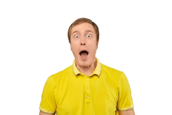 Surprised Young Guy Funny Face Yellow Shirt White Isolated Background — Foto Stock