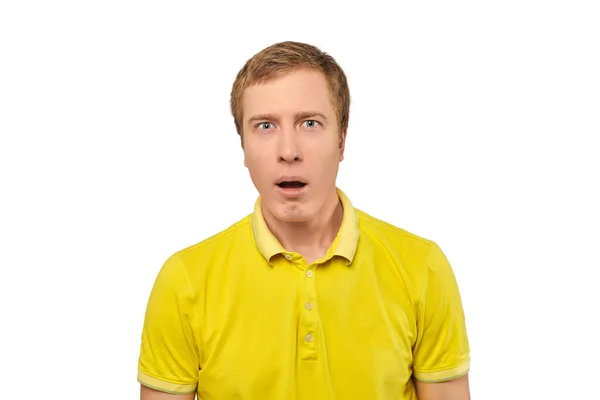 Puzzled Young Guy Funny Face Open Mouth Yellow Polo Shirt — Foto Stock