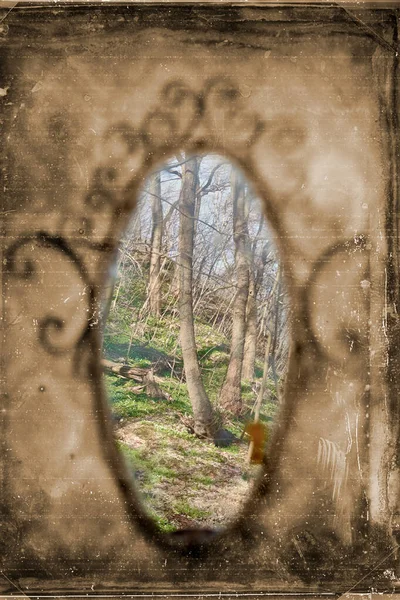 Old vintage mirror with green forest and blue sky reflection, surreal art concept. Antique post production effect on wall with mirror reflection, surreal photo art composition