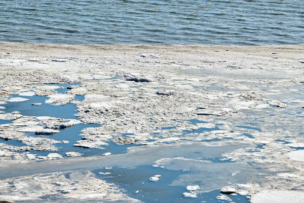 Melting sea ice seasonal natural phenomenon of coming spring, ice on water melts from burning sun. Warm greenhouse effect of weather changing, spring thaw on russian Azov sea