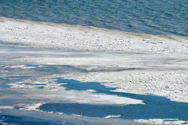 Melting sea ice seasonal natural phenomenon of coming spring, ice on water melts from burning sun. Warm greenhouse effect of weather changing, spring thaw on russian Azov sea