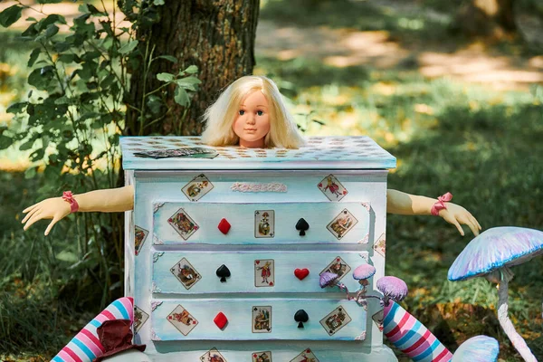 Dresser Doll Alice Humpty Dumpty Mushrooms Art Object Outdoor Art — Stock Photo, Image
