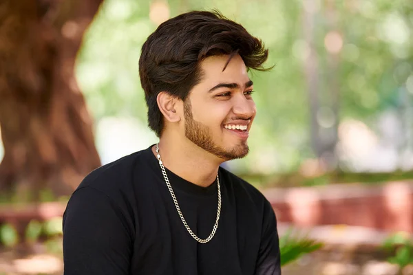 Smiling Young Indian Man Candid Portrait Black Shirt Silver Neck — Stock Photo, Image