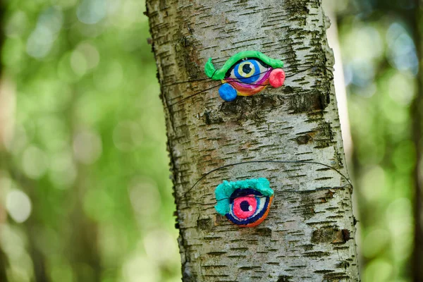 Yeşil Orman Arka Planında Ağaç Gövdesinde Insan Gözü Sanat Objesi — Stok fotoğraf