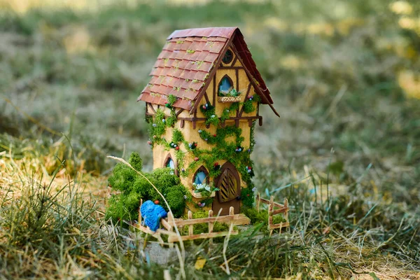 Little Dollhouse Front Lawn Cute Small Decorative House Green Grass — Stock Photo, Image