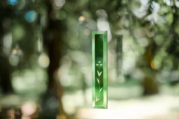 Transparent glass decorative art objects in green forest at outdoor art exhibition about purity of nature and environmental protection. Glass crystals hanging in air with patterns of nature